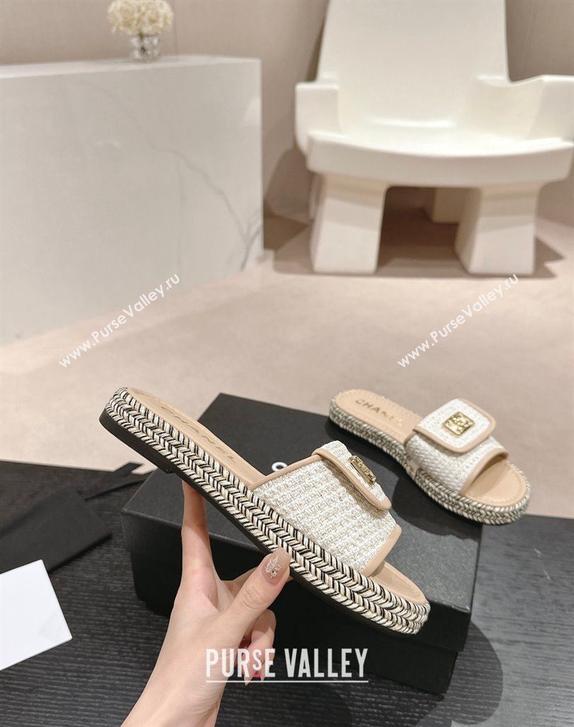 Chanel Tweed Flat Slide Sandals with Foldover Beige 2024 0424 (MD-240424093)