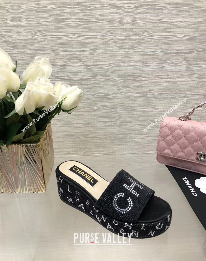 Chanel Crystals Allover Wedge Slide Sandals with Letters Black 2024 042302 (MD-240423017)