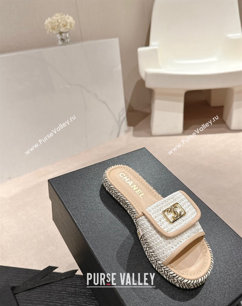 Chanel Tweed Flat Slide Sandals with Foldover Beige 2024 0424 (MD-240424093)