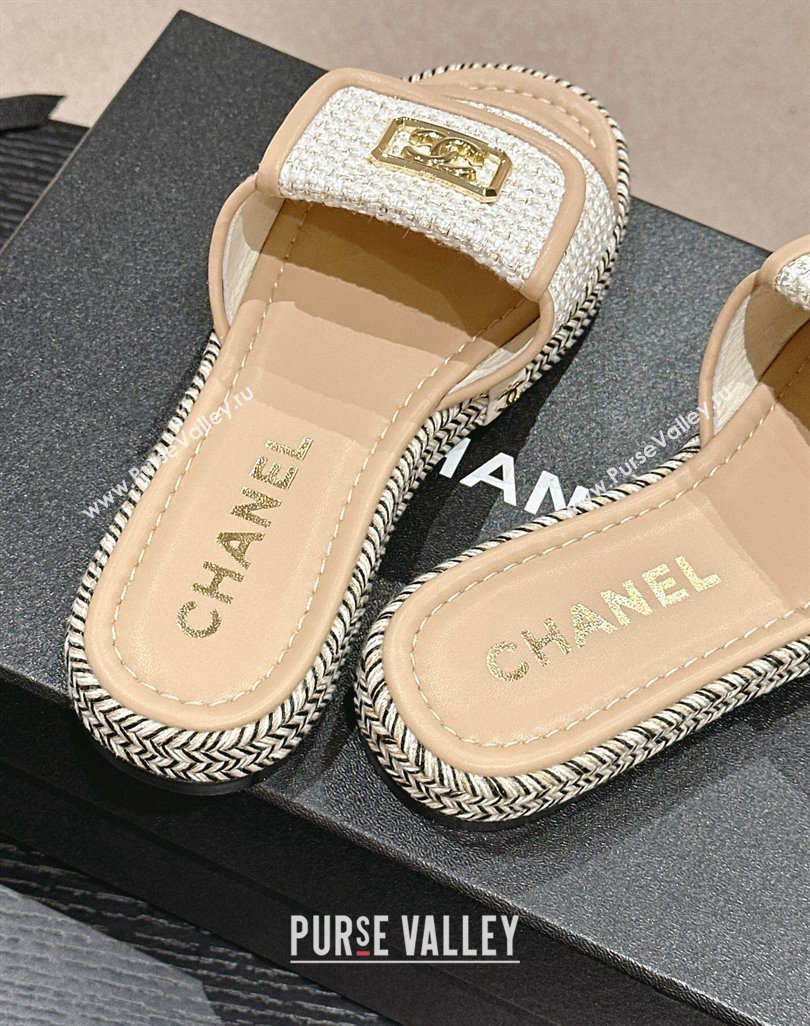 Chanel Tweed Flat Slide Sandals with Foldover Beige 2024 0424 (MD-240424093)