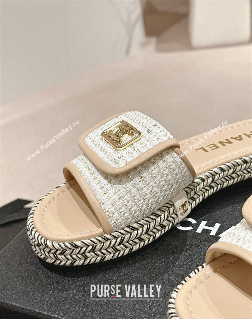Chanel Tweed Flat Slide Sandals with Foldover Beige 2024 0424 (MD-240424093)