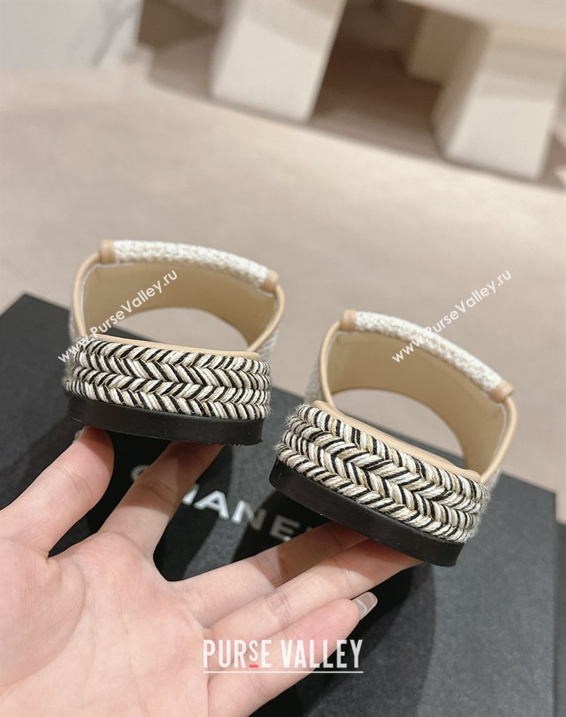 Chanel Tweed Flat Slide Sandals with Foldover Beige 2024 0424 (MD-240424093)