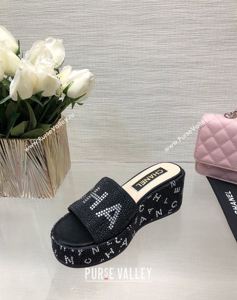 Chanel Crystals Allover Wedge Slide Sandals with Letters Black 2024 042302 (MD-240423017)