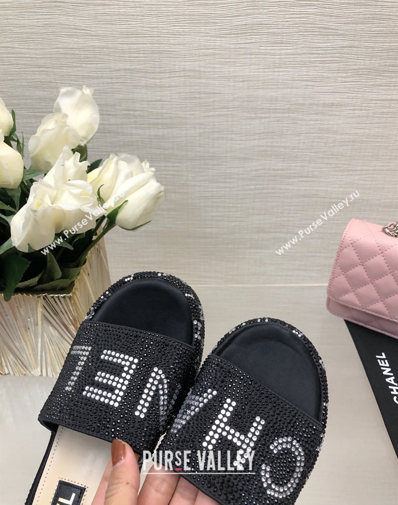 Chanel Crystals Allover Wedge Slide Sandals with Letters Black 2024 042302 (MD-240423017)