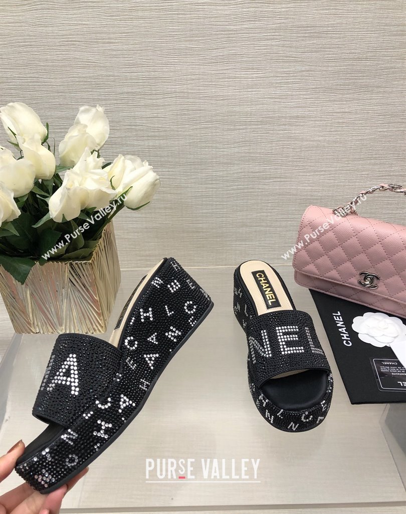 Chanel Crystals Allover Wedge Slide Sandals with Letters Black 2024 042302 (MD-240423017)