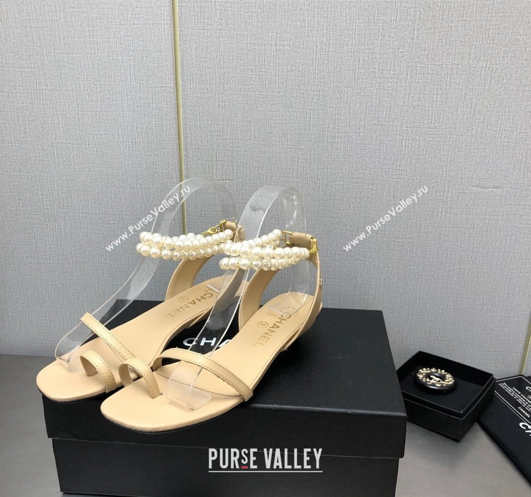 Chanel Lambskin Heel Sandals with Pearls Ankle Strap Beige 2024 0423 (MD-240423002)