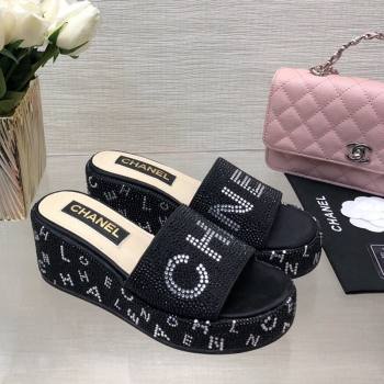 Chanel Crystals Allover Wedge Slide Sandals with Letters Black 2024 042302 (MD-240423017)