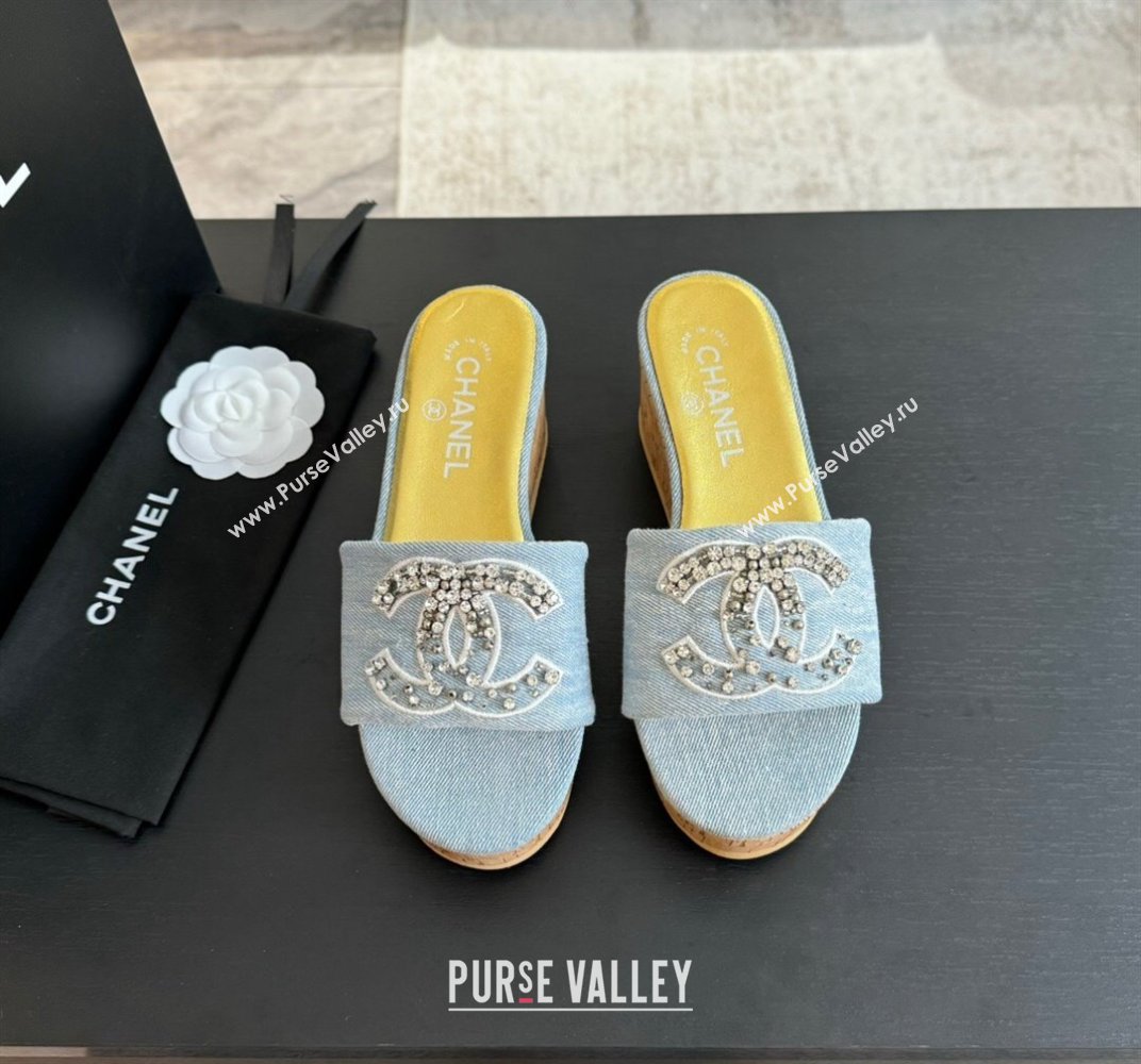 Chanel Denim Wedge Slide Sandals 5.5cm with Crystals CC Light Blue 2024 042402 (MD-240424100)