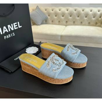 Chanel Denim Wedge Slide Sandals 5.5cm with Crystals CC Light Blue 2024 042402 (MD-240424100)