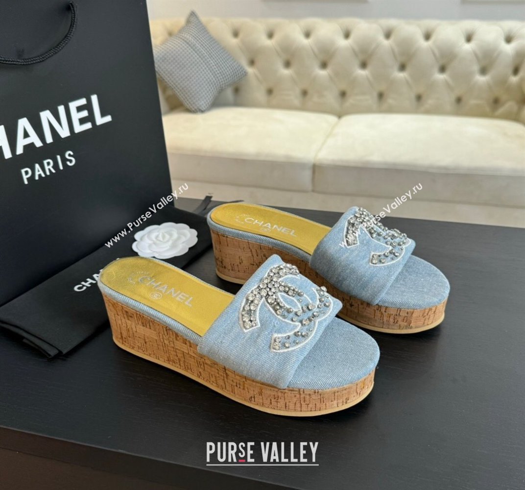 Chanel Denim Wedge Slide Sandals 5.5cm with Crystals CC Light Blue 2024 042402 (MD-240424100)