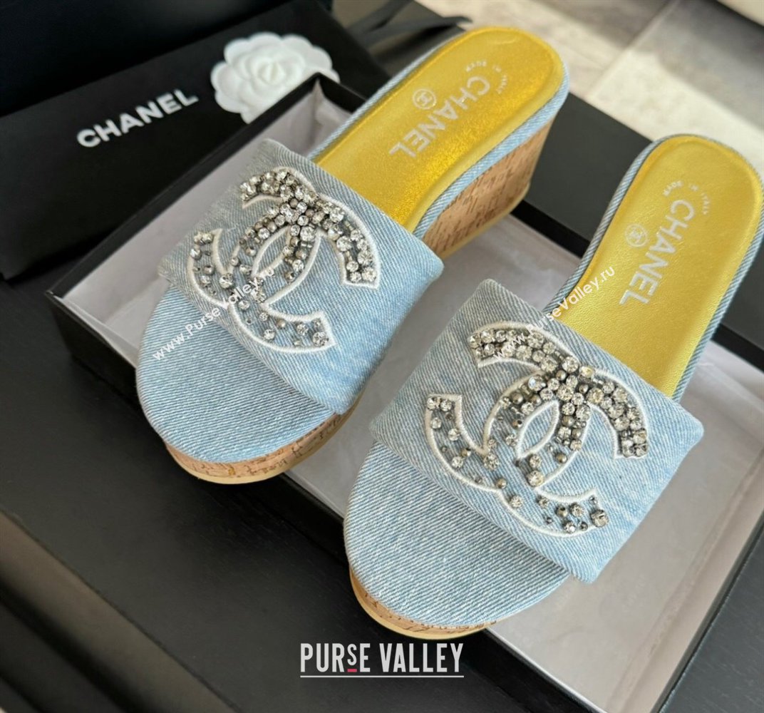 Chanel Denim Wedge Slide Sandals 5.5cm with Crystals CC Light Blue 2024 042402 (MD-240424100)