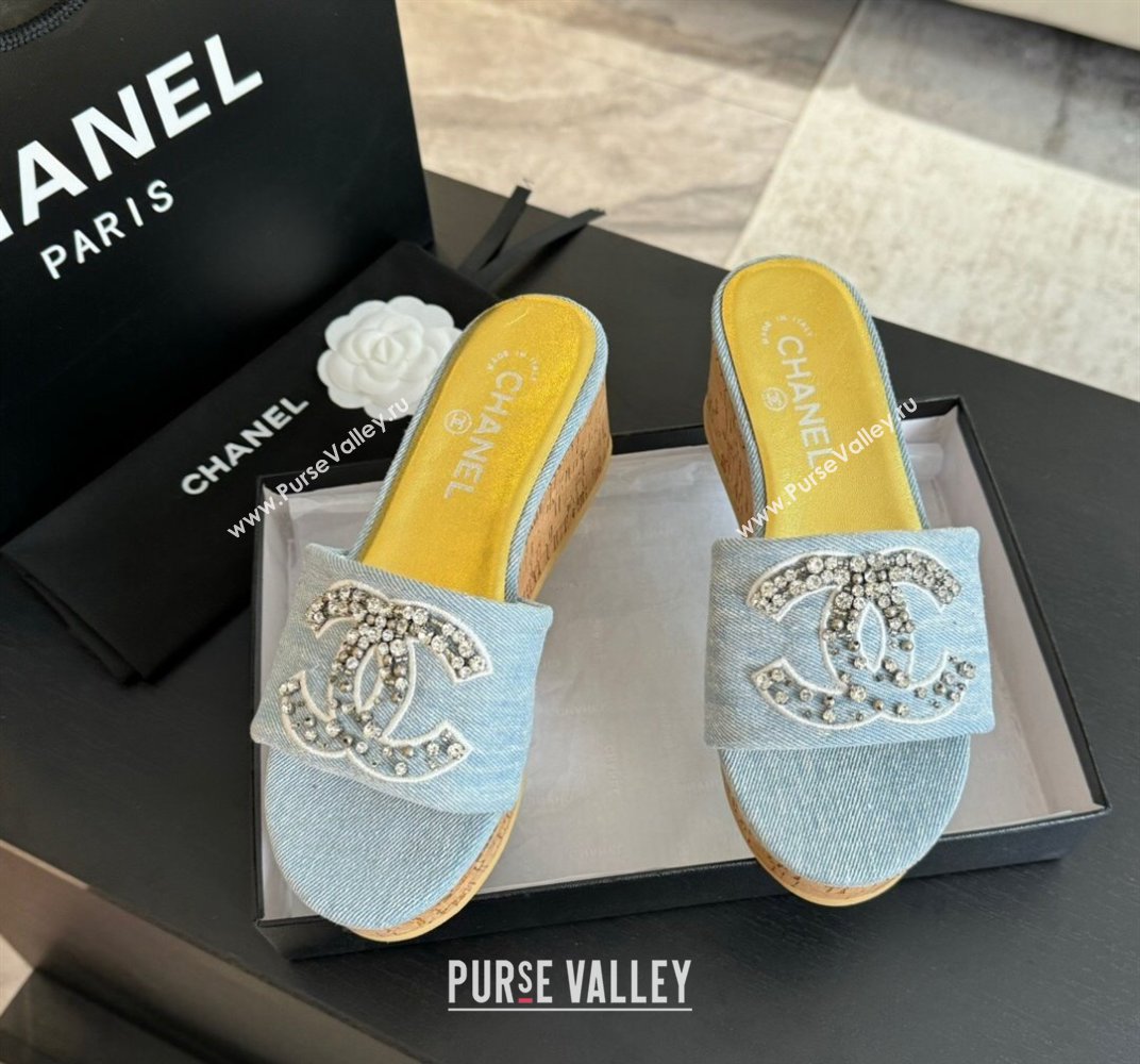 Chanel Denim Wedge Slide Sandals 5.5cm with Crystals CC Light Blue 2024 042402 (MD-240424100)