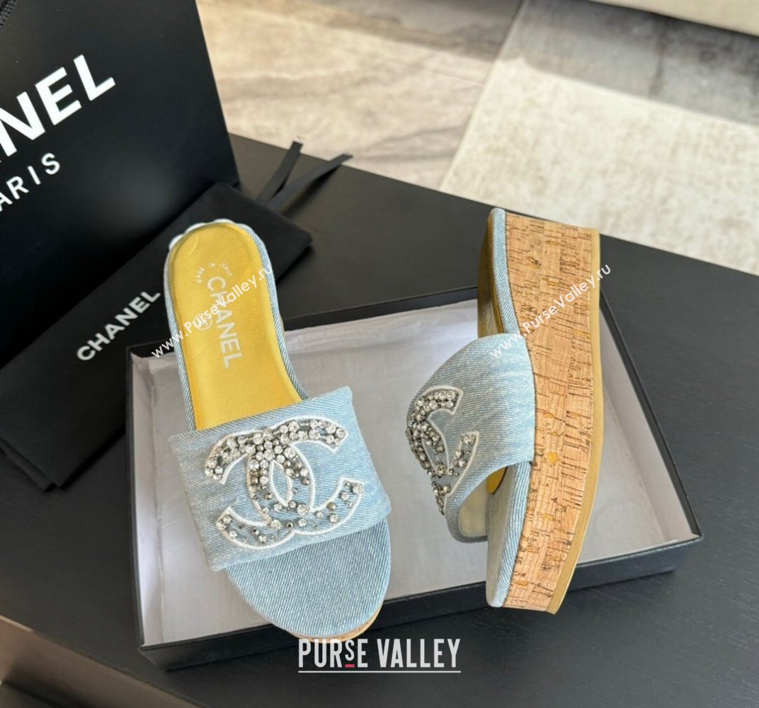 Chanel Denim Wedge Slide Sandals 5.5cm with Crystals CC Light Blue 2024 042402 (MD-240424100)