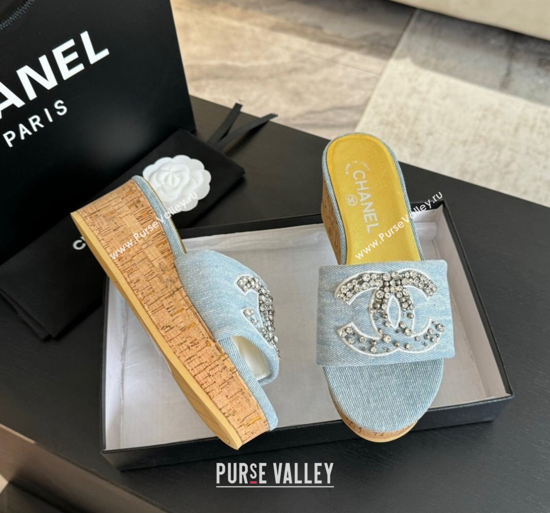 Chanel Denim Wedge Slide Sandals 5.5cm with Crystals CC Light Blue 2024 042402 (MD-240424100)