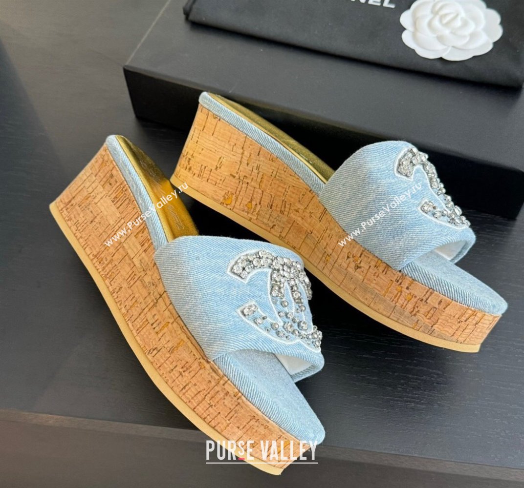 Chanel Denim Wedge Slide Sandals 5.5cm with Crystals CC Light Blue 2024 042402 (MD-240424100)