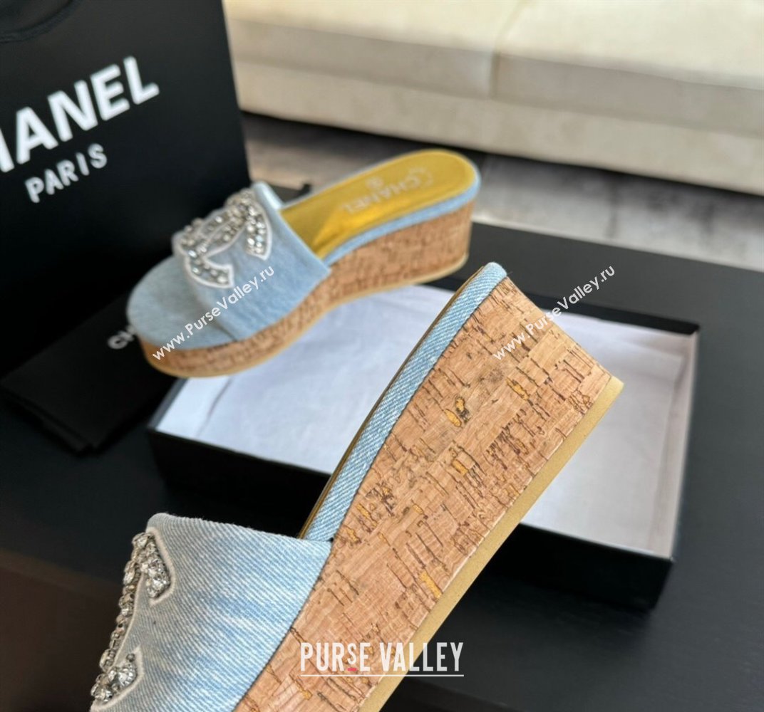 Chanel Denim Wedge Slide Sandals 5.5cm with Crystals CC Light Blue 2024 042402 (MD-240424100)