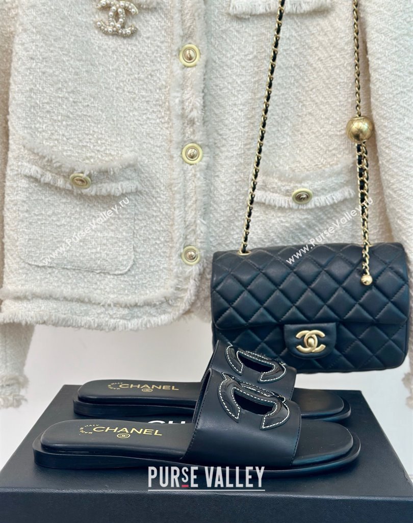 Chanel Calfskin Flat Slide Sandals with Maxi CC Black 2024 0424 (MD-240424109)