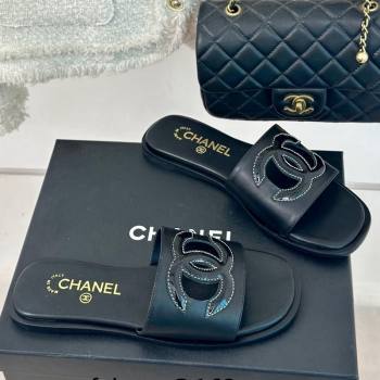 Chanel Calfskin Flat Slide Sandals with Maxi CC Black 2024 0424 (MD-240424109)