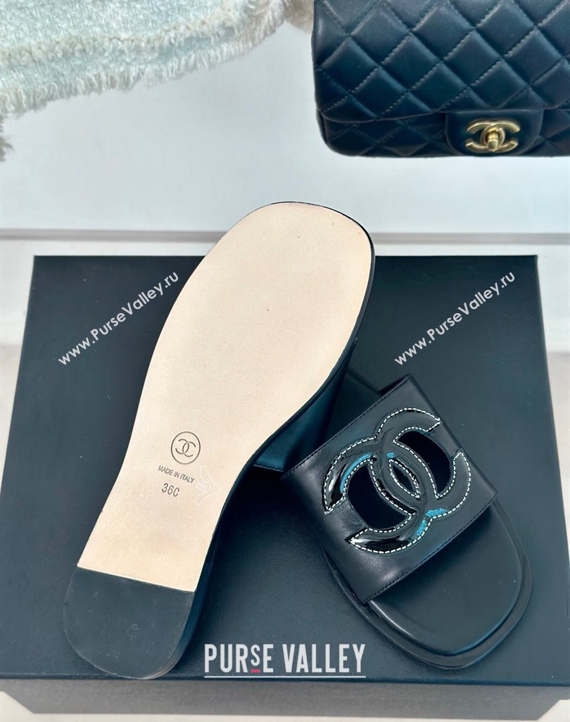Chanel Calfskin Flat Slide Sandals with Maxi CC Black 2024 0424 (MD-240424109)