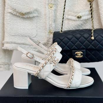 Chanel Quilted Lambskin Strap Heel Sandals 5cm with Chain White 2024 0423 (MD-240423083)
