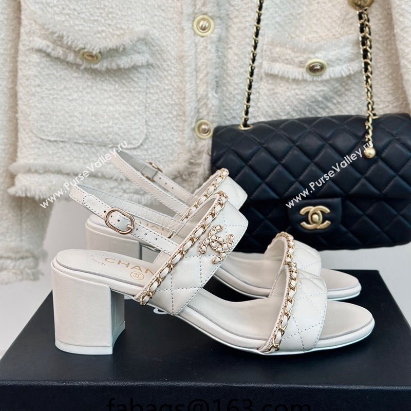 Chanel Quilted Lambskin Strap Heel Sandals 5cm with Chain White 2024 0423 (MD-240423083)