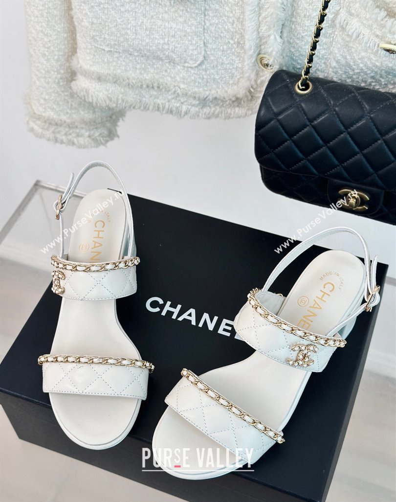 Chanel Quilted Lambskin Strap Heel Sandals 5cm with Chain White 2024 0423 (MD-240423083)