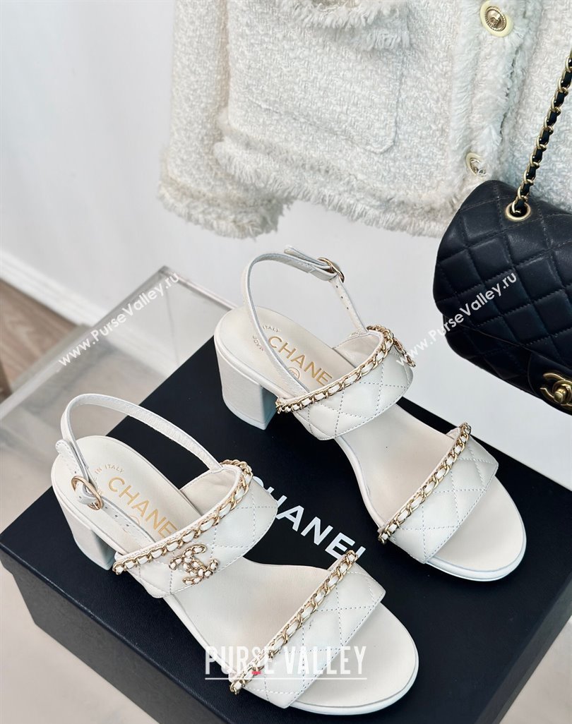 Chanel Quilted Lambskin Strap Heel Sandals 5cm with Chain White 2024 0423 (MD-240423083)
