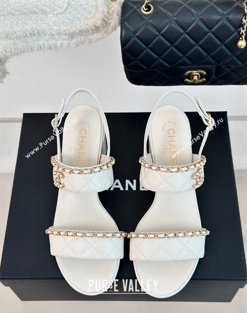 Chanel Quilted Lambskin Strap Heel Sandals 5cm with Chain White 2024 0423 (MD-240423083)