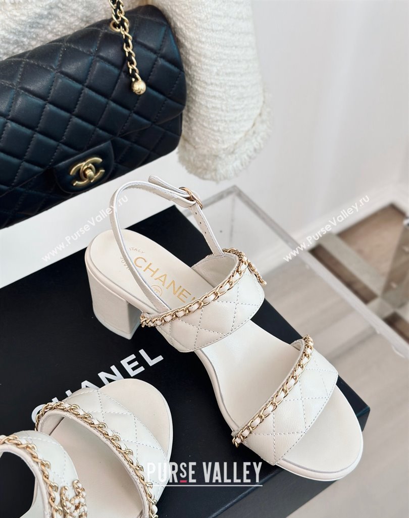 Chanel Quilted Lambskin Strap Heel Sandals 5cm with Chain White 2024 0423 (MD-240423083)