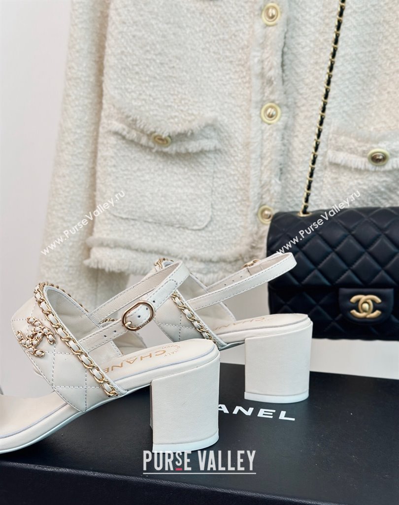 Chanel Quilted Lambskin Strap Heel Sandals 5cm with Chain White 2024 0423 (MD-240423083)