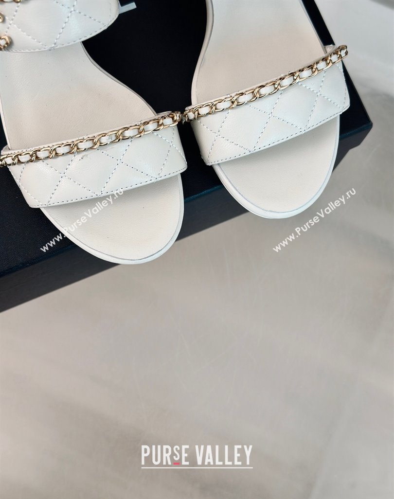 Chanel Quilted Lambskin Strap Heel Sandals 5cm with Chain White 2024 0423 (MD-240423083)