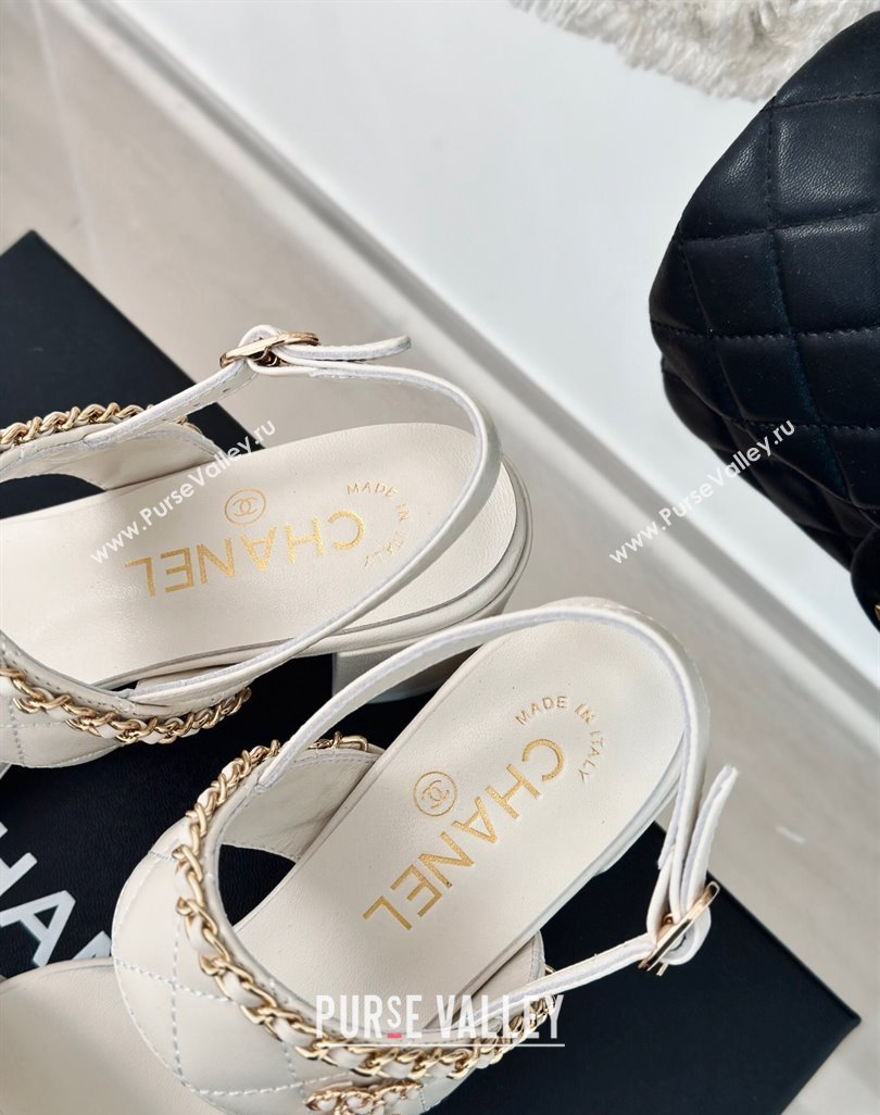 Chanel Quilted Lambskin Strap Heel Sandals 5cm with Chain White 2024 0423 (MD-240423083)