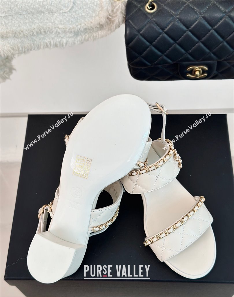 Chanel Quilted Lambskin Strap Heel Sandals 5cm with Chain White 2024 0423 (MD-240423083)