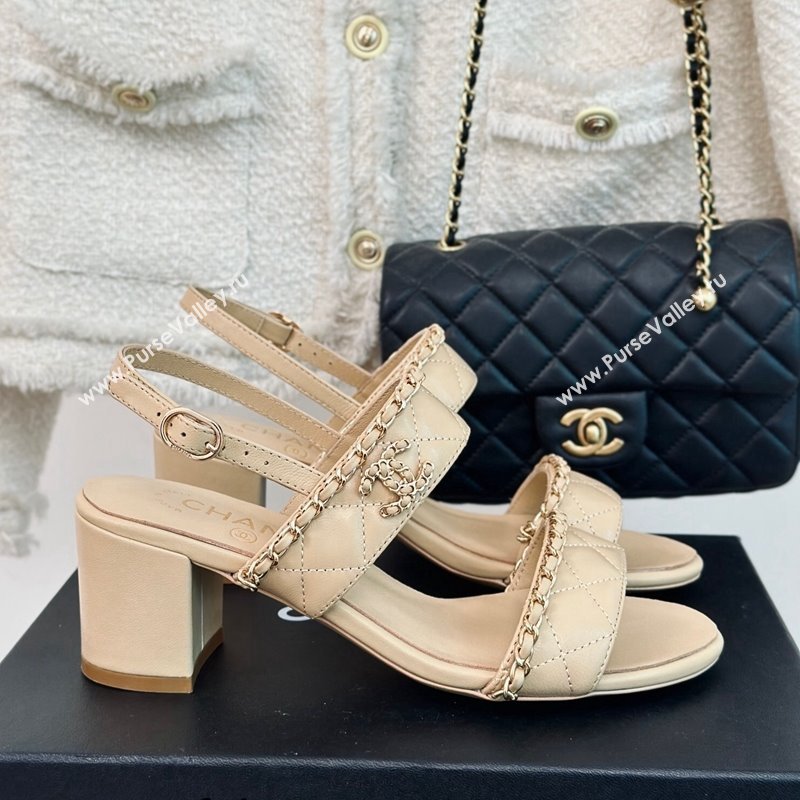 Chanel Quilted Lambskin Strap Heel Sandals 5cm with Chain Beige 2024 0423 (MD-240423084)