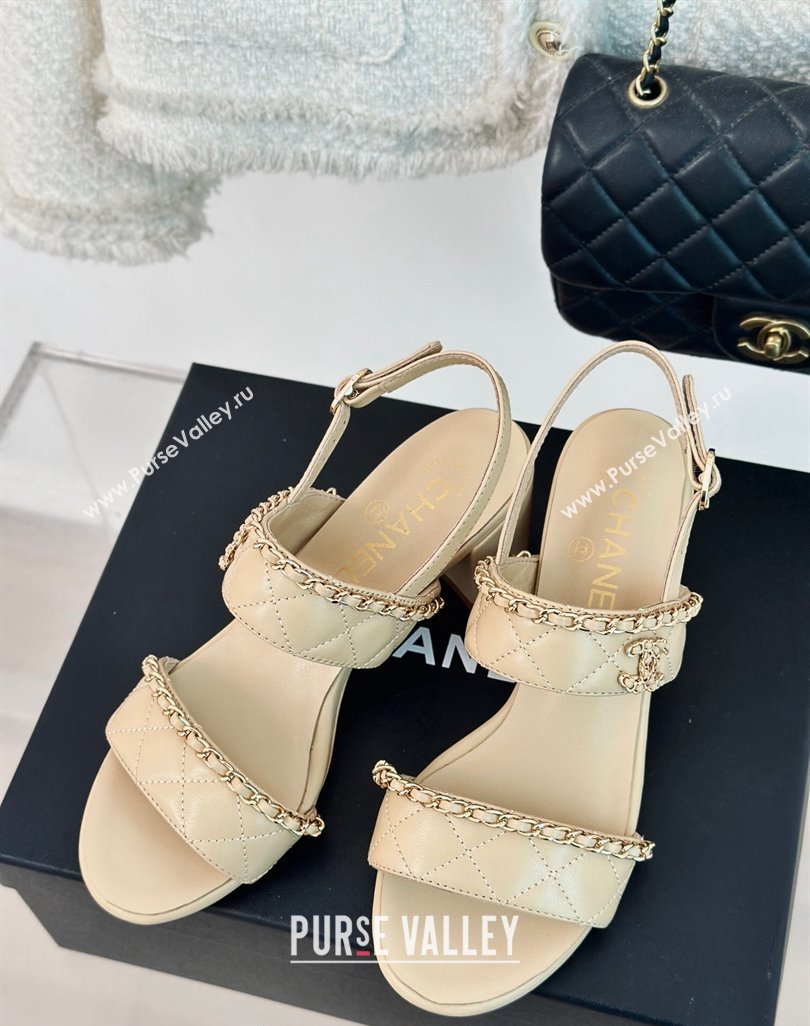 Chanel Quilted Lambskin Strap Heel Sandals 5cm with Chain Beige 2024 0423 (MD-240423084)