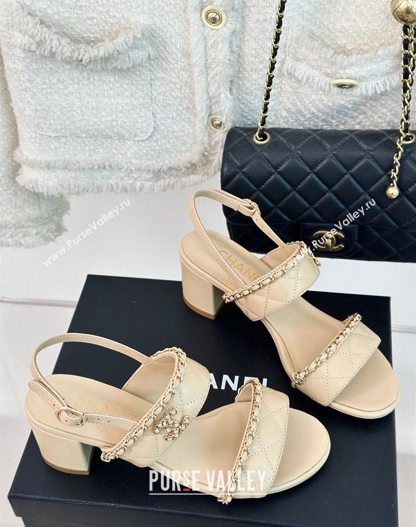 Chanel Quilted Lambskin Strap Heel Sandals 5cm with Chain Beige 2024 0423 (MD-240423084)