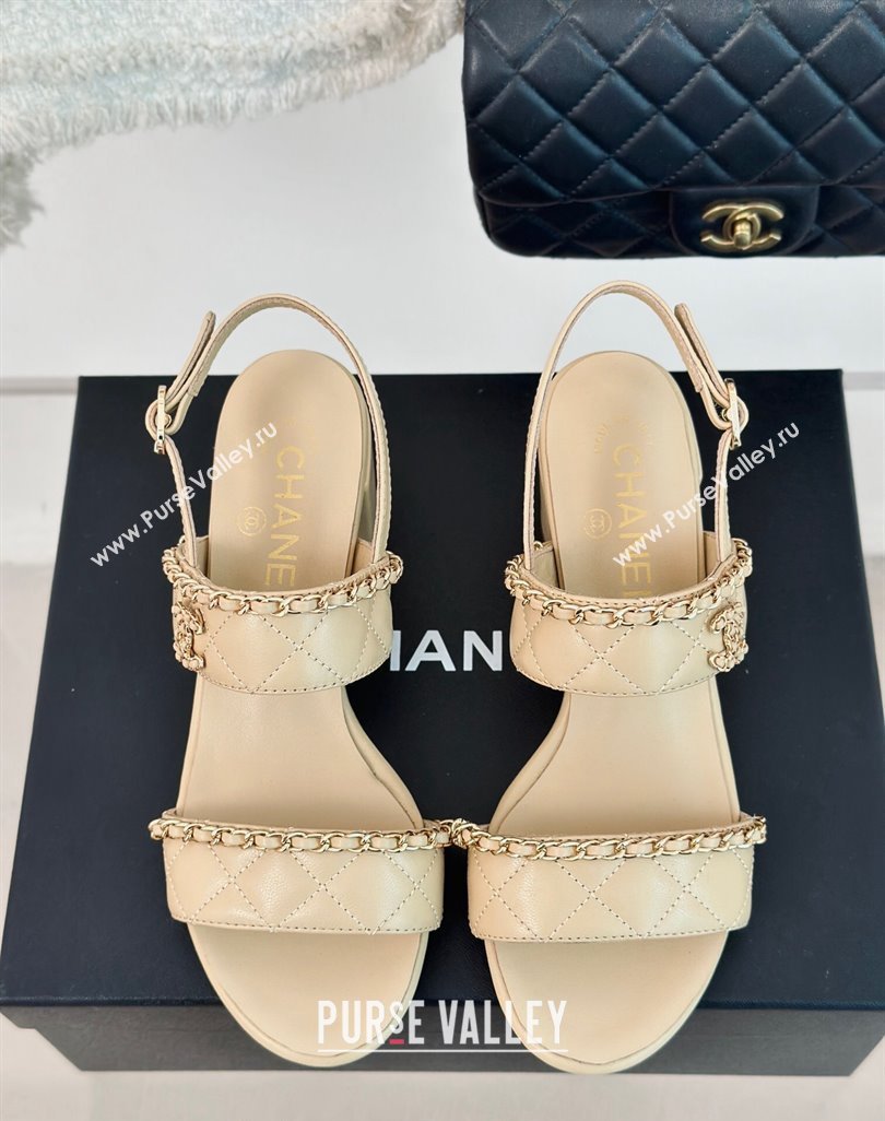 Chanel Quilted Lambskin Strap Heel Sandals 5cm with Chain Beige 2024 0423 (MD-240423084)
