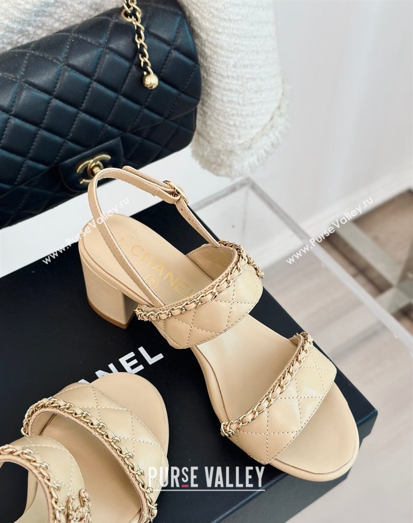 Chanel Quilted Lambskin Strap Heel Sandals 5cm with Chain Beige 2024 0423 (MD-240423084)