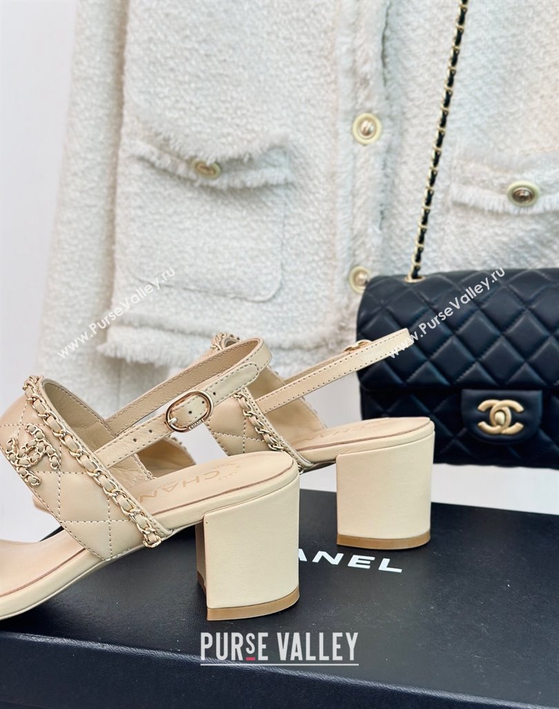 Chanel Quilted Lambskin Strap Heel Sandals 5cm with Chain Beige 2024 0423 (MD-240423084)