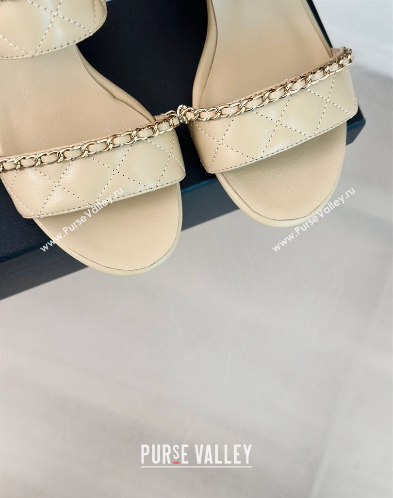 Chanel Quilted Lambskin Strap Heel Sandals 5cm with Chain Beige 2024 0423 (MD-240423084)