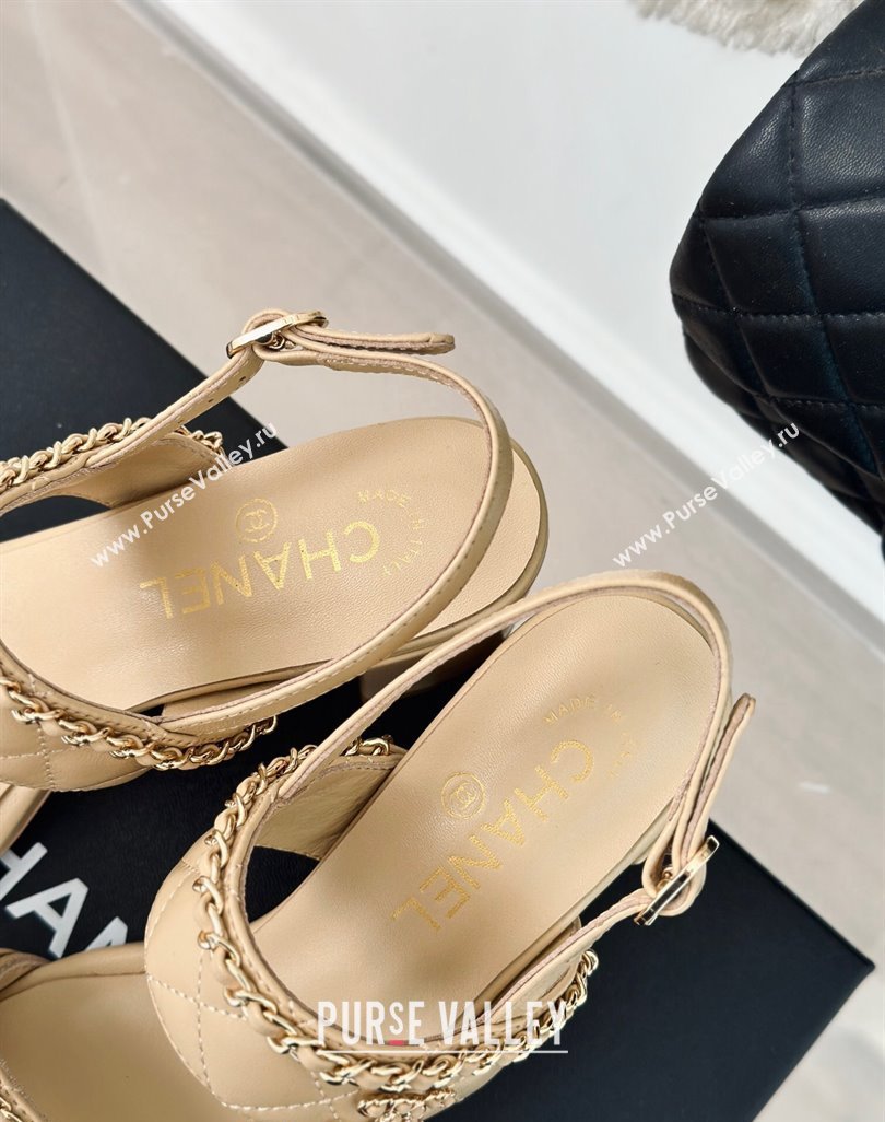 Chanel Quilted Lambskin Strap Heel Sandals 5cm with Chain Beige 2024 0423 (MD-240423084)
