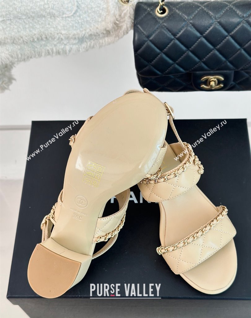 Chanel Quilted Lambskin Strap Heel Sandals 5cm with Chain Beige 2024 0423 (MD-240423084)