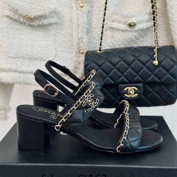 Chanel Quilted Lambskin Strap Heel Sandals 5cm with Chain Black 2024 0423 (MD-240423085)