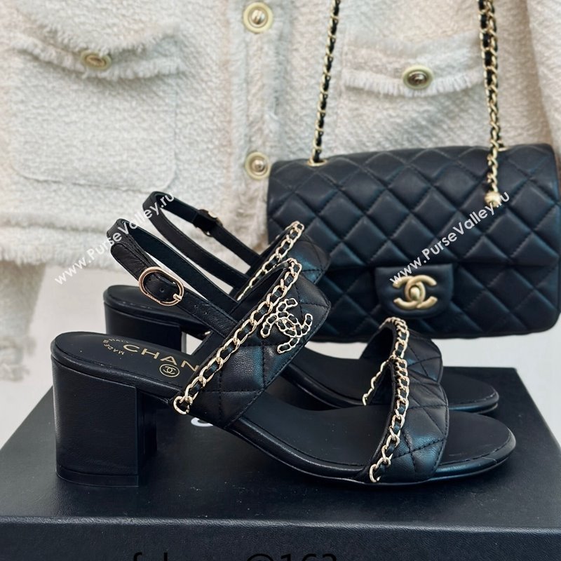 Chanel Quilted Lambskin Strap Heel Sandals 5cm with Chain Black 2024 0423 (MD-240423085)