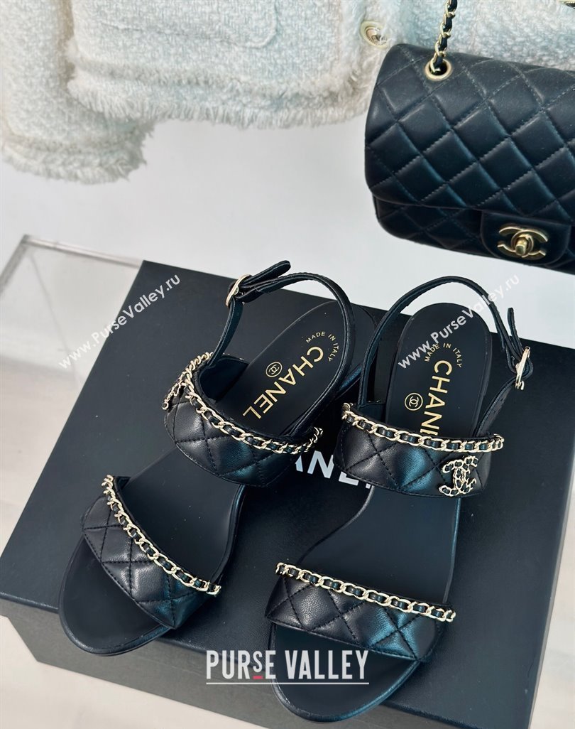 Chanel Quilted Lambskin Strap Heel Sandals 5cm with Chain Black 2024 0423 (MD-240423085)