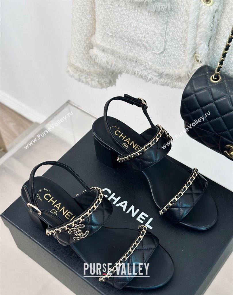 Chanel Quilted Lambskin Strap Heel Sandals 5cm with Chain Black 2024 0423 (MD-240423085)