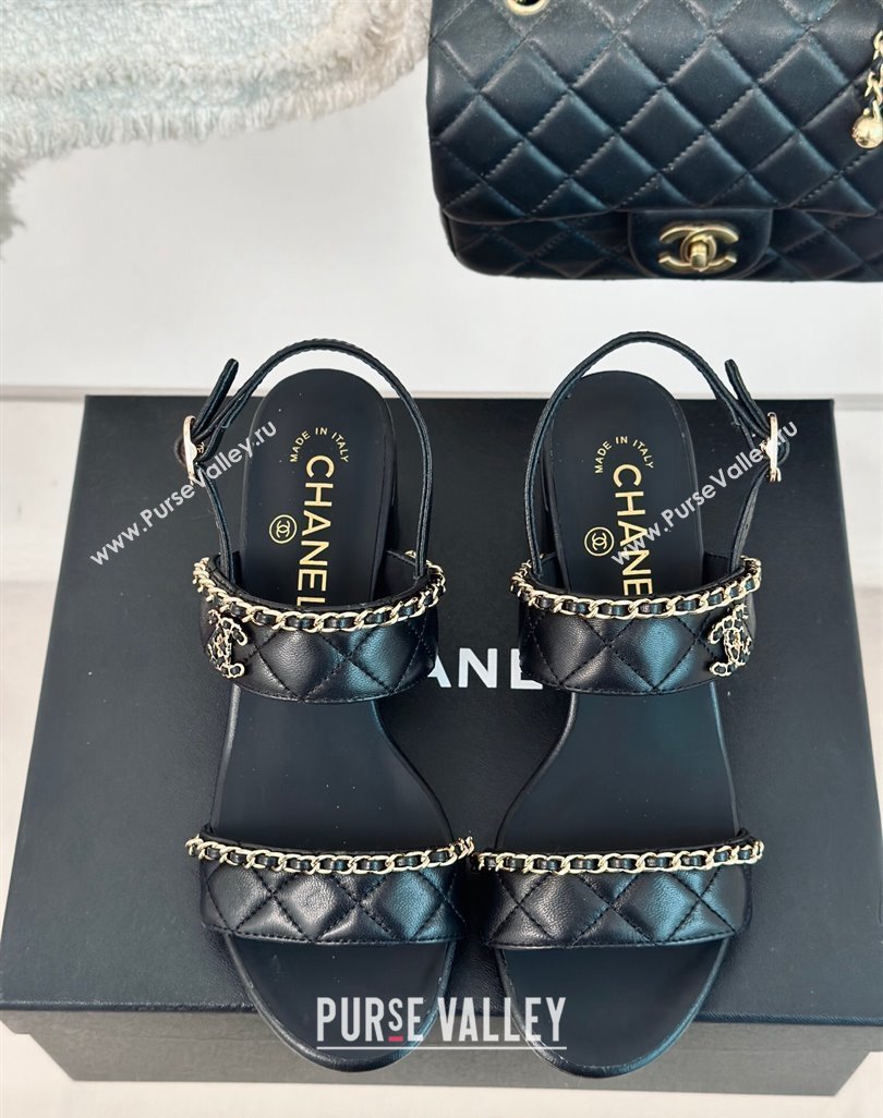 Chanel Quilted Lambskin Strap Heel Sandals 5cm with Chain Black 2024 0423 (MD-240423085)