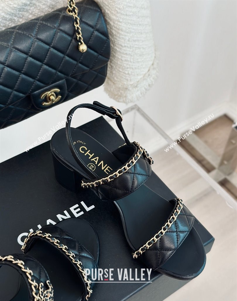 Chanel Quilted Lambskin Strap Heel Sandals 5cm with Chain Black 2024 0423 (MD-240423085)