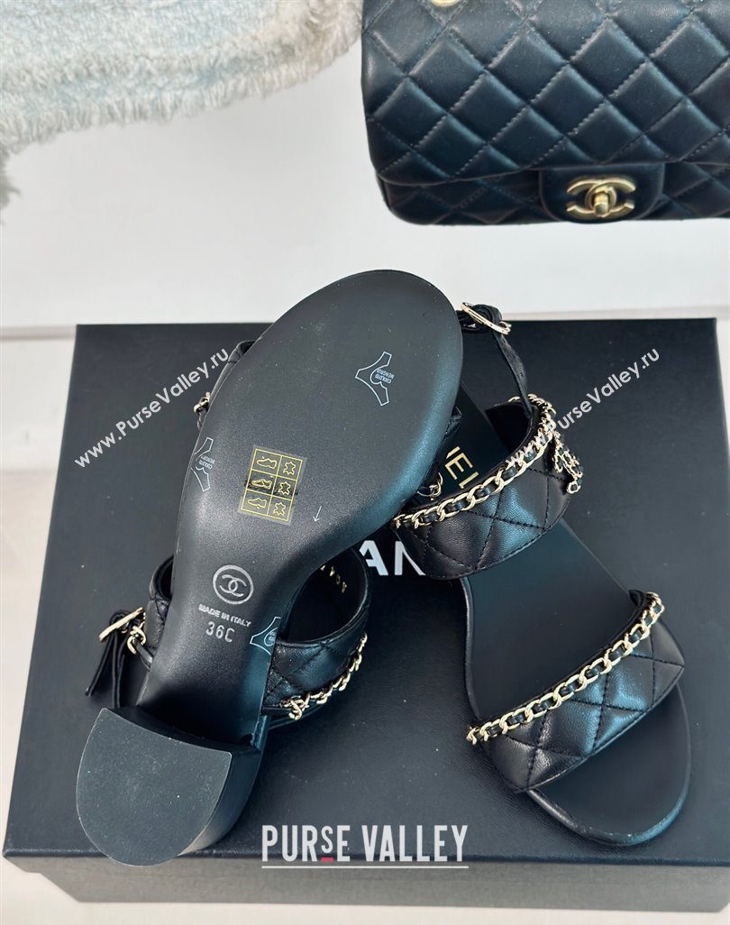 Chanel Quilted Lambskin Strap Heel Sandals 5cm with Chain Black 2024 0423 (MD-240423085)
