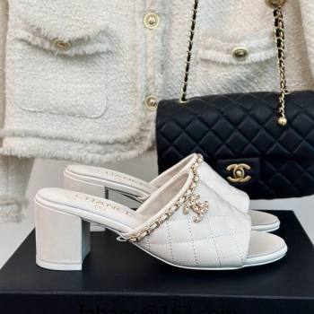 Chanel Quilted Lambskin Heel Slide Sandals 5cm with Chain White 2024 0423 (MD-240423086)